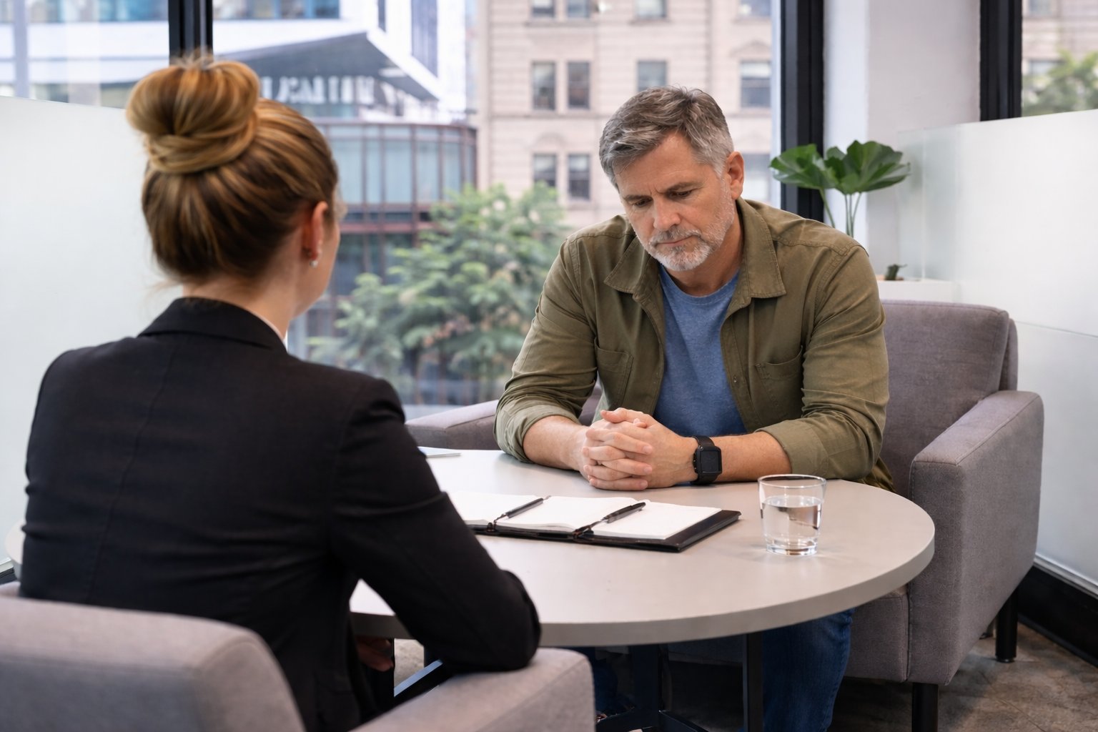 Viktoria Teed consulting with a client at ClaimHub Legal Brisbane office